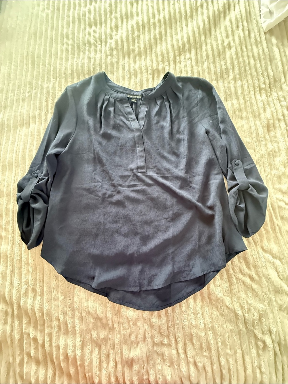41 Hawthorn Slate Blue Split V-Neck Roll-Tab Blouse
